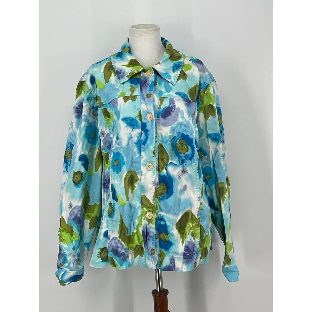 Cold Water‎ Creek Light Jacket Watercolor Blue Green Floral Women Size 2 Artsy